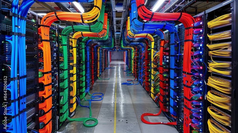 Aufkleber modern data center with colorful network cables and servers, concept of technology, internet and clo