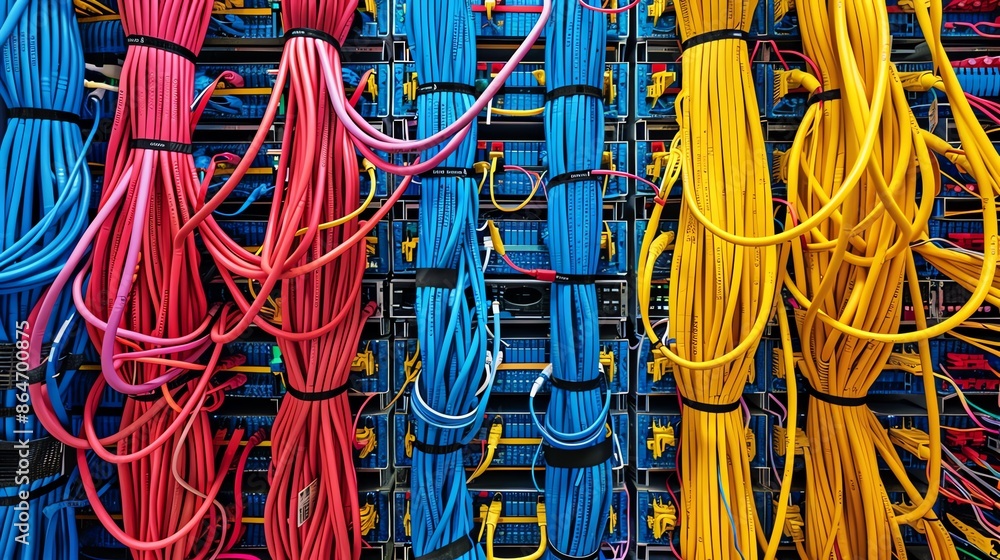 Poster close-up of colorful network cables connected to servers in a modern data center. concept of big dat