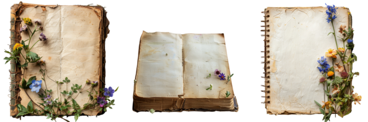 Vintage Notebook Rustic Desk Wildflowers Set Isolated on Transparent or White Background, PNG