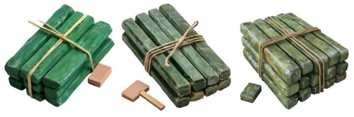 Tied Green Chalk Bundle Small Eraser Set Isolated on Transparent or White Background, PNG