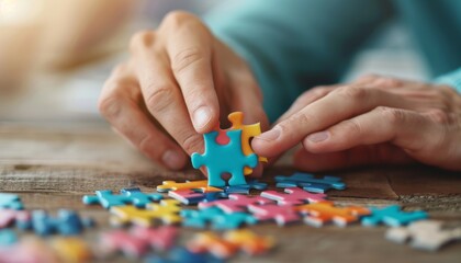 Hands Putting Together Colorful Jigsaw Puzzle Pieces