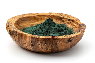 spirulina powder in a wooden plate closeup view