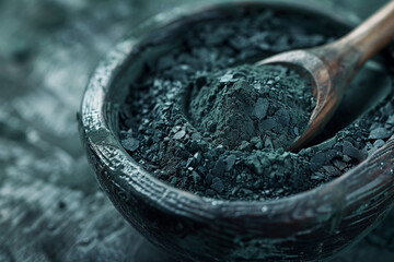 spirulina powder in a wooden plate closeup view