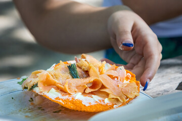 Delicious and tasty salmon toast, prepared with lemon, mayonnaise and herbs