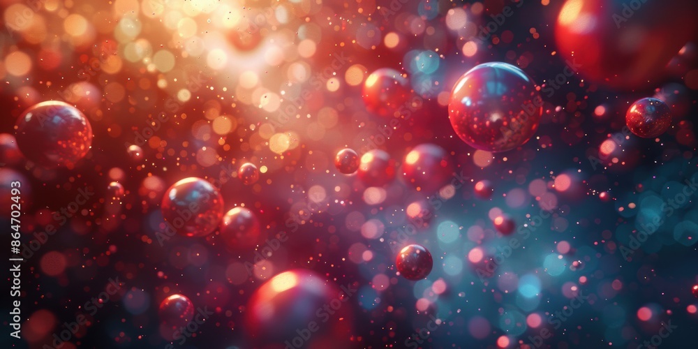 Poster a colorful abstract image featuring red bubbles and bokeh lights, creating a dreamy and festive visu