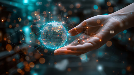 Unrecognizable businessman holding a hologram of earth, with logos of cryptocurrencies, dollars, digital currencies on a futuristic background.