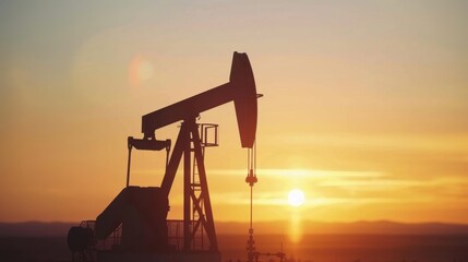 Silhouette of an oil pumpjack operating at sunset, with a beautiful orange sky and a serene landscape in the background.
