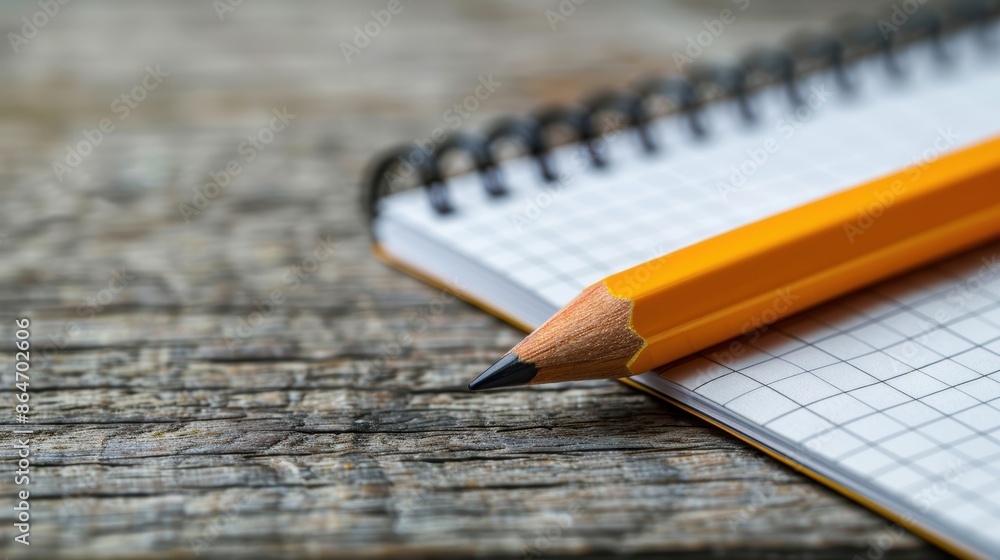 Poster a close-up of a sharpened yellow pencil resting on an open graph paper notebook, placed on a rustic 