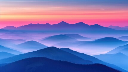 Obraz premium A serene view of layered mountain ranges bathed in the hues of a colorful sunset, creating a peaceful and scenic landscape.
