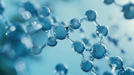 A detailed close-up of transparent molecules interconnected on a blue background, illustrating molecular structure and chemistry concepts.