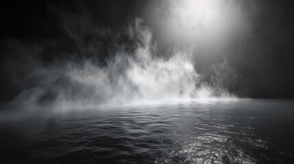 An eerie and tranquil scene of mist rising from a dark ocean, illuminated by soft moonlight and dense fog.