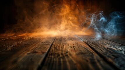 Obraz premium A wooden floor illuminated by warm light with swirling smoke in the background, creating a moody and atmospheric setting.