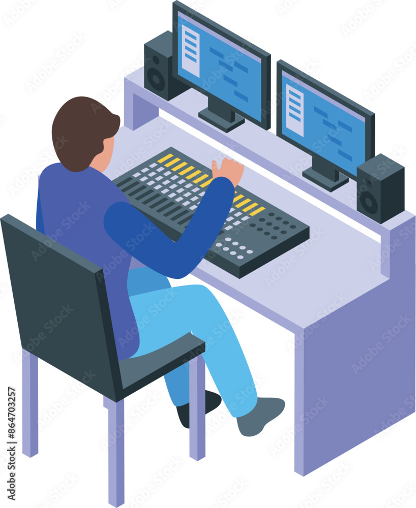 Poster sound engineer adjusting levels on audio mixing console