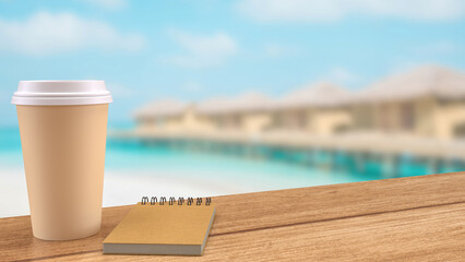 The coffee cup on wood table for drink or travel concept 3d rendering.