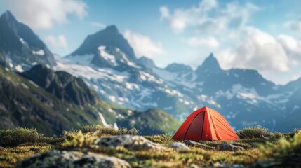 An orange tent set against a breathtaking mountain landscape with snow-capped peaks, highlighting outdoor adventure and camping.