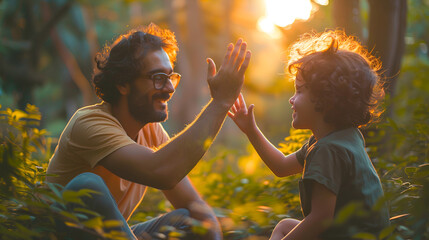 Father giving son high five, capturing joyful moments, family bonding, and positive relationships,...