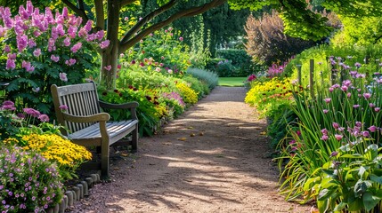 Fototapeta premium Serene Garden Path with Bench Surrounded by Colorful Flowers