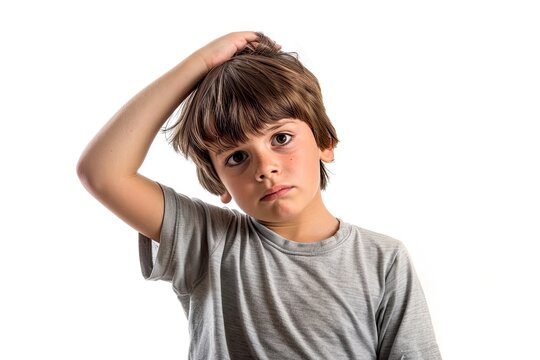 Confused young boy scratching his head with a puzzled expression. Concept of childhood, confusion, problem-solving, thinking, curiosity