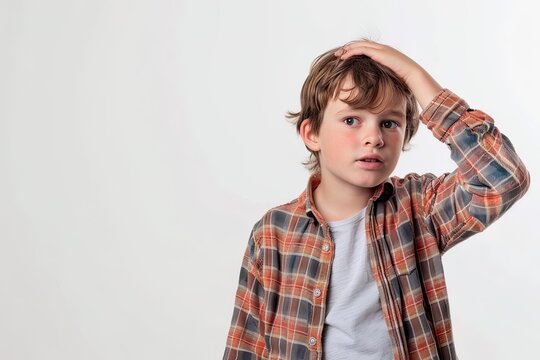 Confused young boy scratching his head with a puzzled expression on his face. Concept of childhood, curiosity, confusion, and problem-solving