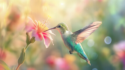 Fototapeta premium Hummingbird Feeding on Flower, Iridescent Feathers, Blurred Garden Background