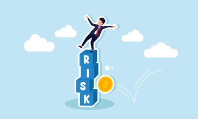 Investment risk stock market volatility, price drops, stability, and uncertainty, concept of A businessman investor falls from a stack of blocks labeled RISK, hit by a money coin