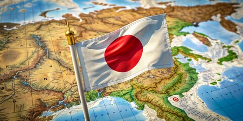 Vibrant red and white Japan flag waving in the wind, superimposed over a detailed political map of Japan, showcasing its unique island geography.