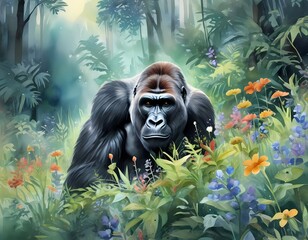 a serene gorilla with wildflowers in the midst of a lush rainforest at dawn with sunrays, Generative AI
