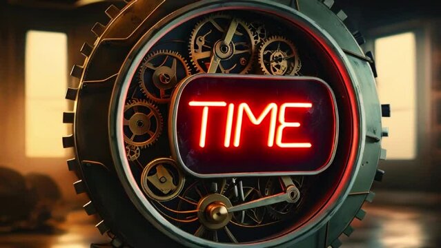 A steampunk clockwork timepiece with exposed gears and a red neon TIME sign.