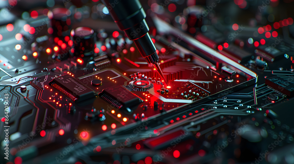 Poster the abstract image of the technician assembling inside of smartphone by screwdriver in the lab. the 