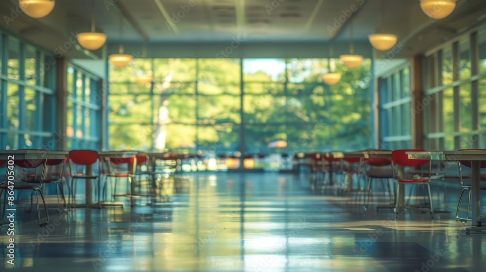 Poster a spacious, modern cafeteria with large windows and natural light, featuring empty tables and chairs
