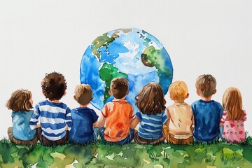 A group of children sitting on the grass, looking at planet Earth from behind
