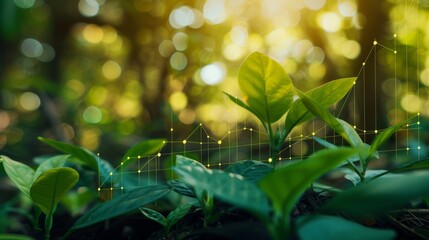 Obraz premium Green Growth in Finance: Financial Charts with Fresh Leaves Representing Environmental Investment and Sustainable Economy