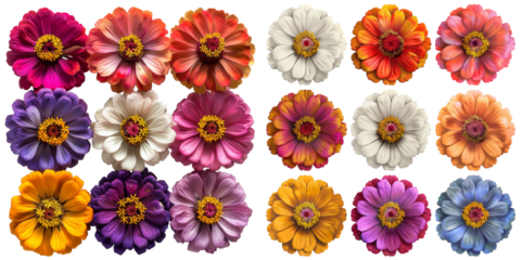 Colorful Zinnia Flowers Collection Isolated on Transparent or White Background, PNG