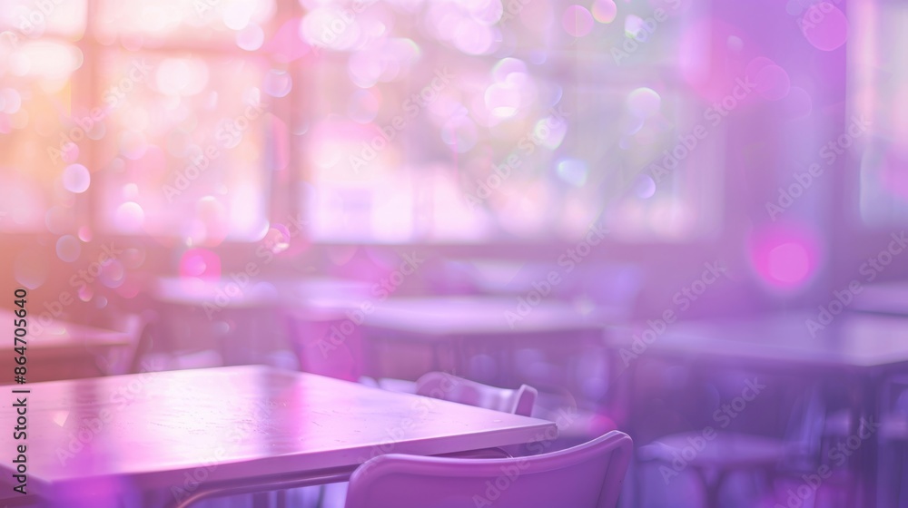 Poster an empty classroom bathed in soft, pastel-colored bokeh lighting, creating a serene and calm educati