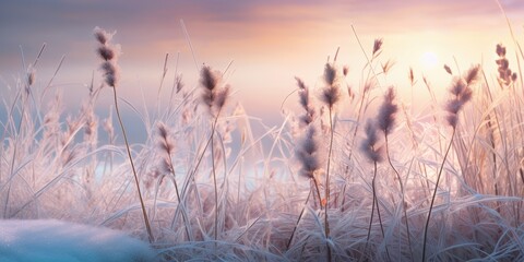 Obraz premium Frost-covered reeds glisten at dawn in a serene winter landscape, capturing the beauty of a cold, tranquil morning.