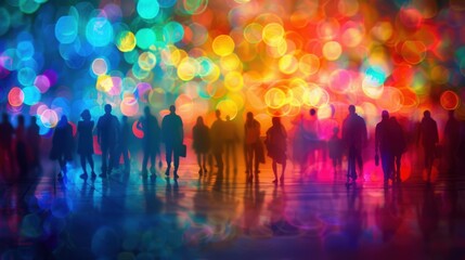 Naklejka premium Silhouetted figures of people standing against a vibrant and colorful bokeh background, creating a lively and dynamic scene.