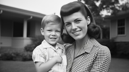 Black and white portrait of a smiling mother holding her young child, capturing a nostalgic moment in front of a house.