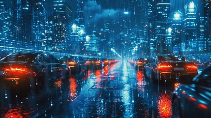 Fototapeta premium Financial Crisis Looms: Neon Cityscape with Glowing Bankruptcy Sign Amid Economic Downturn