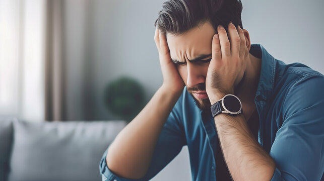 depression, a depressed man, sitting in an indoor setting, his head cradled in his hands, suggesting a state of deep thought or emotional distress. 