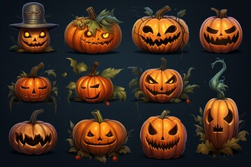 Set of Halloween Pumpkins. Spooky, Funny, and Festive Jack-o'-Lanterns