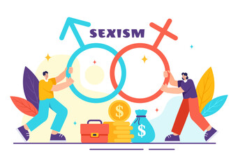 Sexism Vector Illustration Showing Gender Inequality Between Men and Women in the Workplace or Society to Stop Discrimination in Cartoon Background