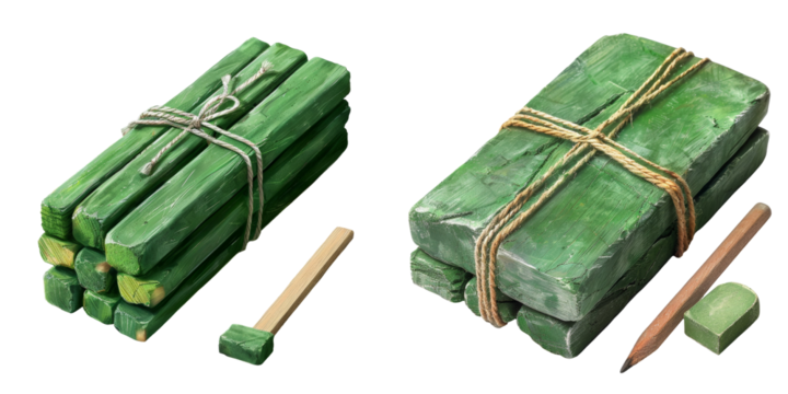 Green Chalk Bundle Eraser Set Isolated on Transparent or White Background, PNG