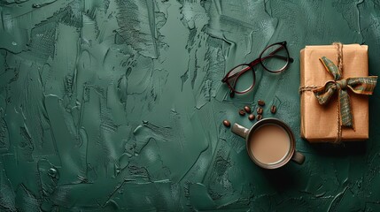 happy fathers day concept flat lay composition with gift box necktie glasses coffee cup on green background.stock image