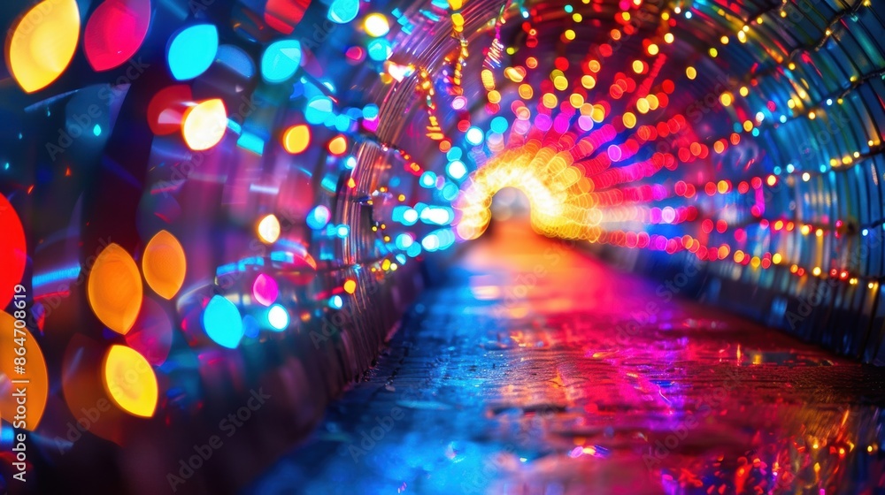 Poster a vibrant tunnel adorned with colorful lights, creating an immersive and dazzling visual experience 