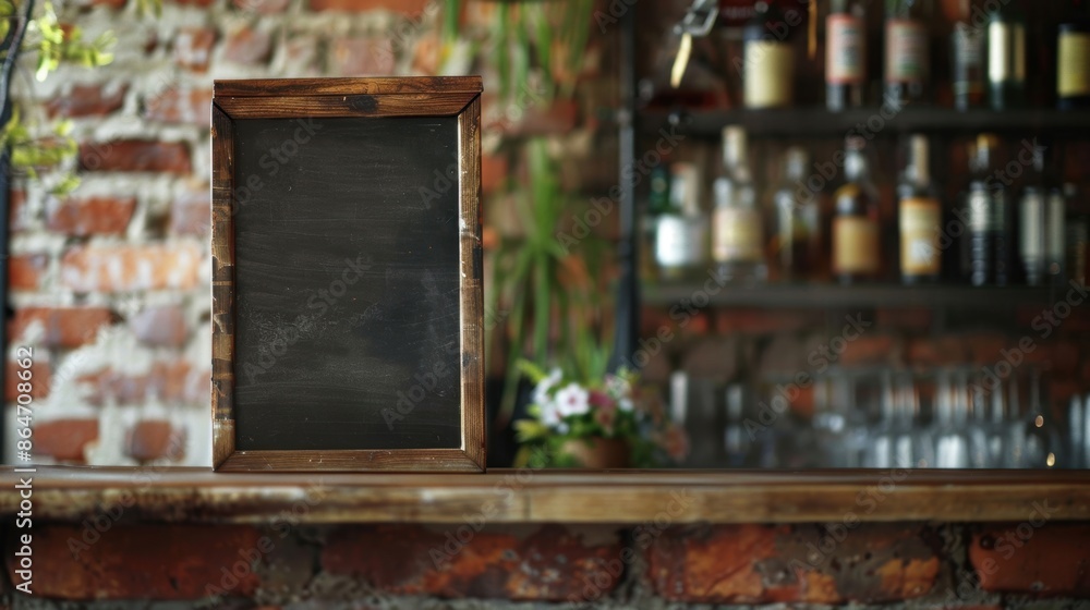 Poster an empty chalkboard sign with a rustic wooden frame sits on a counter in a cozy brick-walled cafe, r