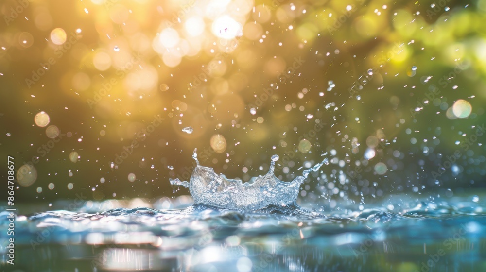 Poster water droplets create a dynamic splash with bokeh lights in the background, forming a captivating an