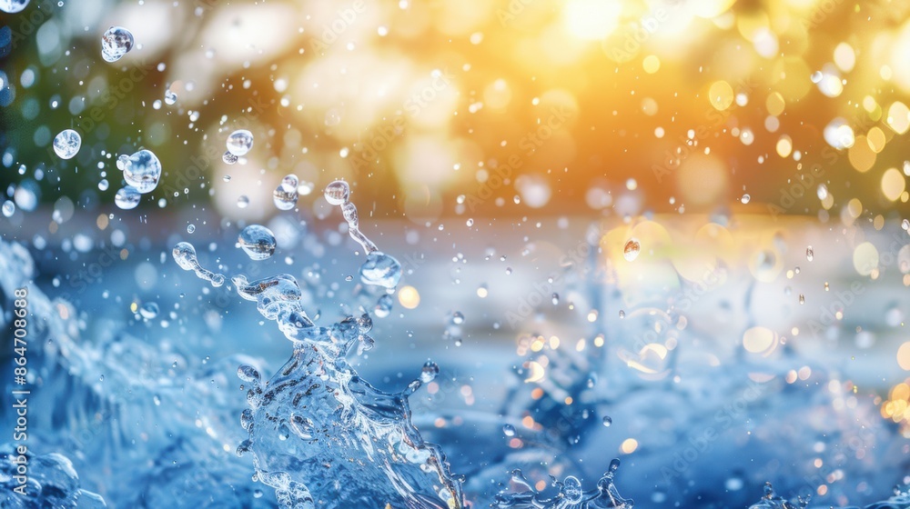Poster sunlit water splash with droplets in motion, set against a warm background with bokeh, capturing the