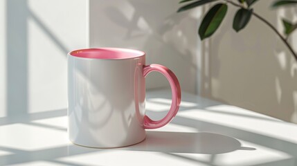 Close-up photo of white ceramic coffee mug with pink handle on table, white background, side view. Mug mockup style, high-res.