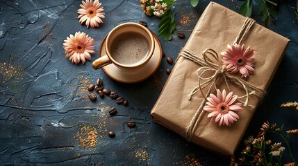 top view of flower basket coffee cup gift box on stone background happy mothers day birthday international womens day concept.illustration