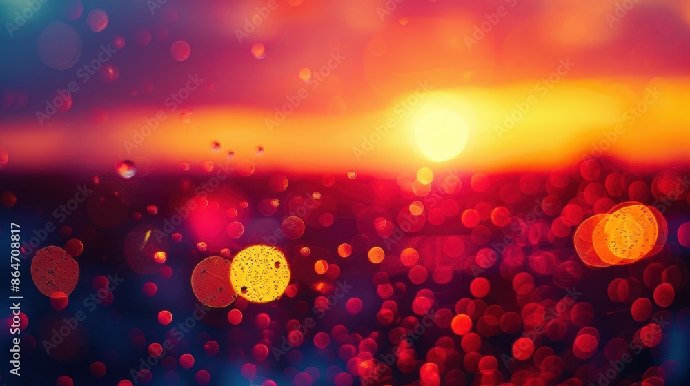 Poster a vibrant sunset with abstract bokeh lights and raindrops on a window, creating a stunning visual of